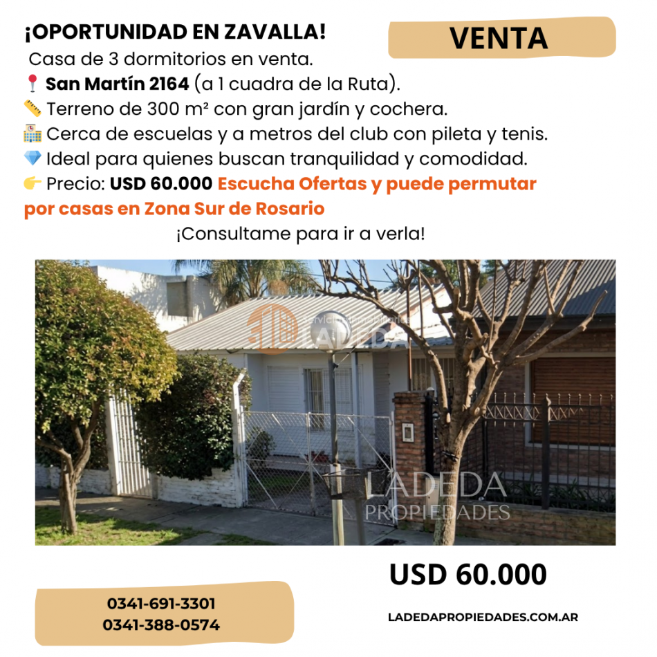 CASA 3 DORMITORIOS Y HERMOSO JARDIN EN ZAVALLA